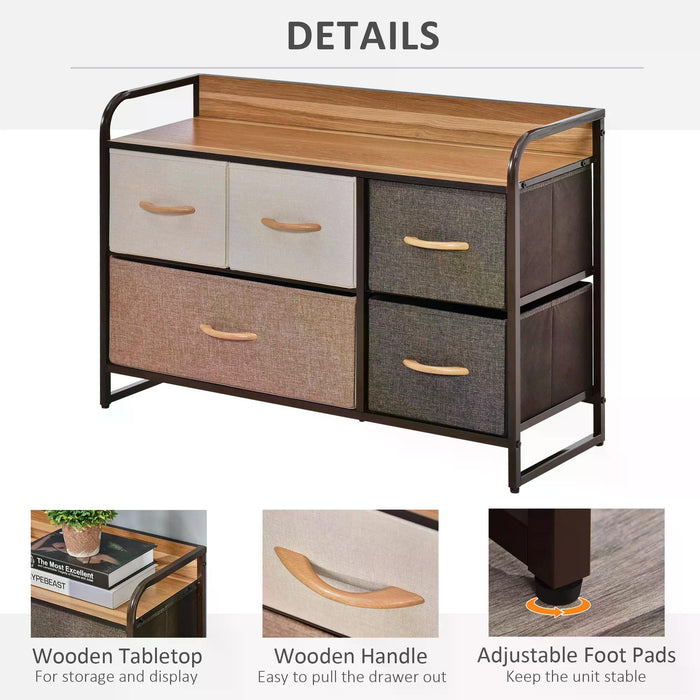 Linen Fabric 5-Drawer Dresser - Bedroom Hallway Storage Organizer with Sturdy Steel Frame & Wooden Top - Elegant Tower Unit for Home Organization