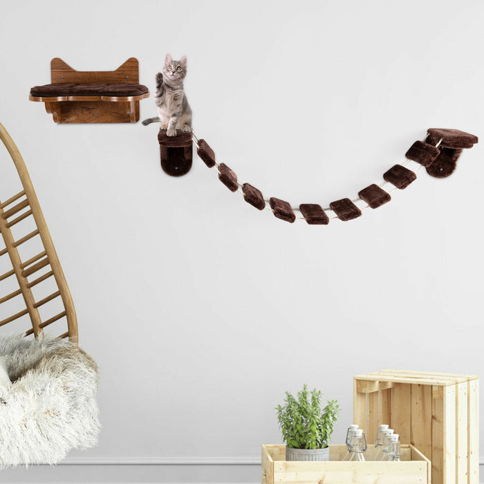 Cat Play Furniture - Wall-Mounted Wooden Ladder Shelf & Kitten Bridge Walkway - For Enhancing Cat Climbing Activities