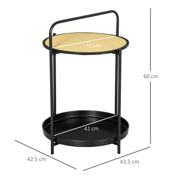 Detachable Tray Top Round Side Table - Steel Framed End Table with Plastic Rattan Shelf - Versatile Accent Furniture for Storage and Display