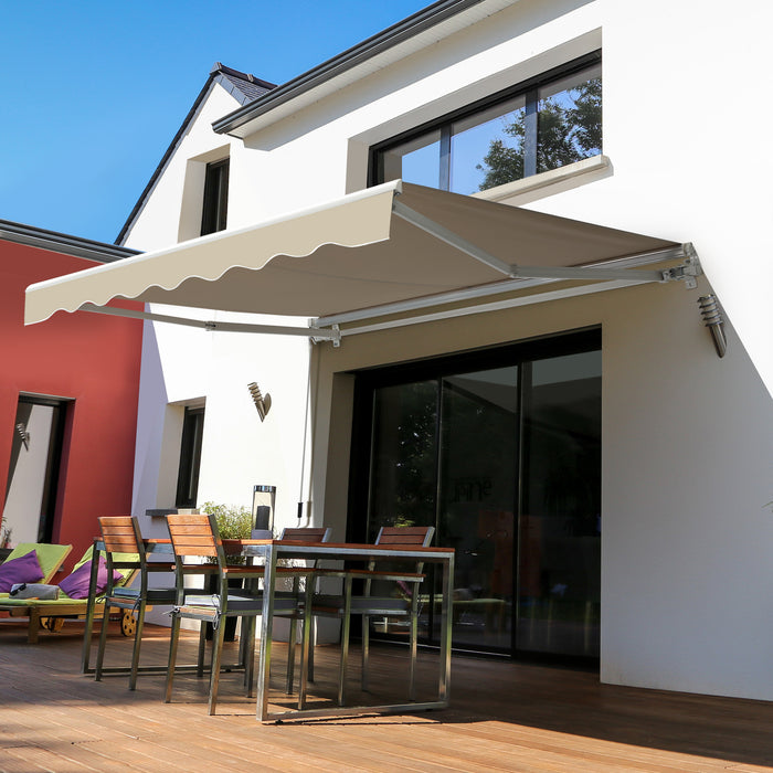 Manual Retractable Awning 2.5x2m - Beige Shade Cover with White Frame - Ideal Sun Protection for Patio & Decking Areas