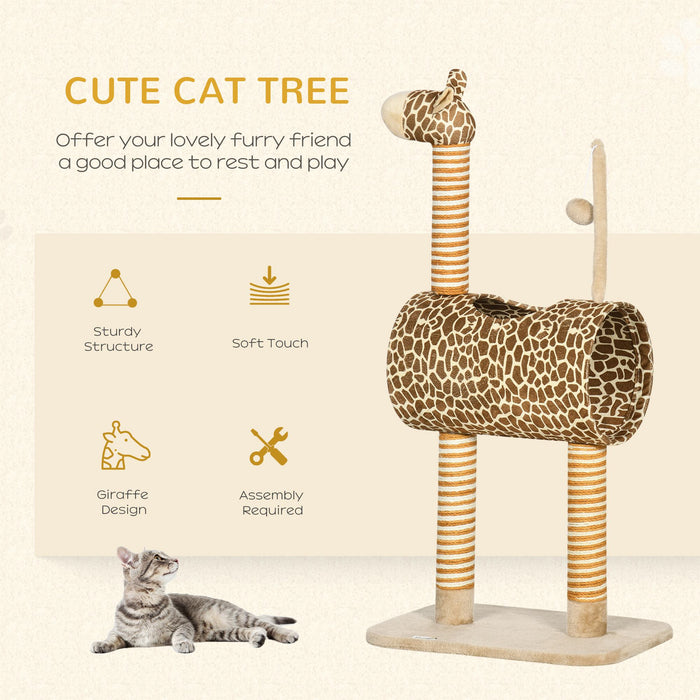 Giraffe-Inspired Cat Tree with Scratching Posts - Indoor Kitten Play Tower with Tunnel and Ball Toy - Perfect Playhouse for Active Cats and Kittens