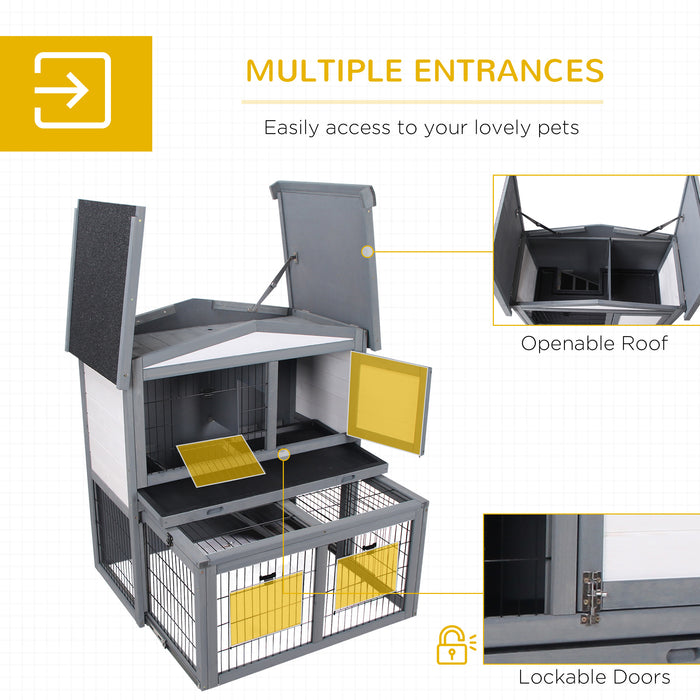 Wooden 2-Tier Rabbit Hutch with Ramp - Small Animal Cage with Slide-Out Tray and Openable Roof, Outdoor Run - Ideal for Rabbits and Small Pets, Grey, 101.5 x 90 x 100 cm