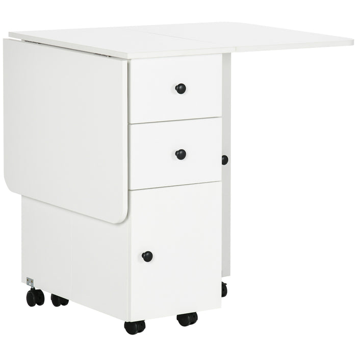 Extendable White Dining Table - Spacious Folding Table with Drop Leaf, Storage Drawers, Cabinet & Shelf - Ideal for Small Spaces, 4-6 People Seating on Wheels