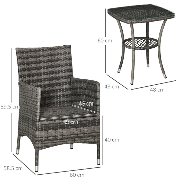 Rattan Garden Bistro 3-Piece Set - Patio Weave Companion Chairs with Cushions and Matching Table - Ideal for Conservatory and Outdoor Seating, Light Grey