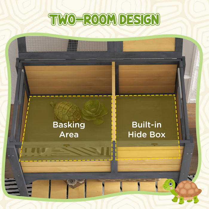 Tortoise Habitat Home - Wooden Enclosure with Shelter, Run Area, Basking Shelf & Lamp Holder - Ideal for Reptile Safety and Comfort