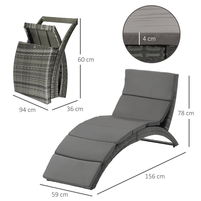 Garden Patio Rattan Wicker Sun Lounger - Folding Recliner Bed Chair with Grey Cushion for Outdoor Comfort - Ideal for Poolside Relaxation & Backyard Sunbathing