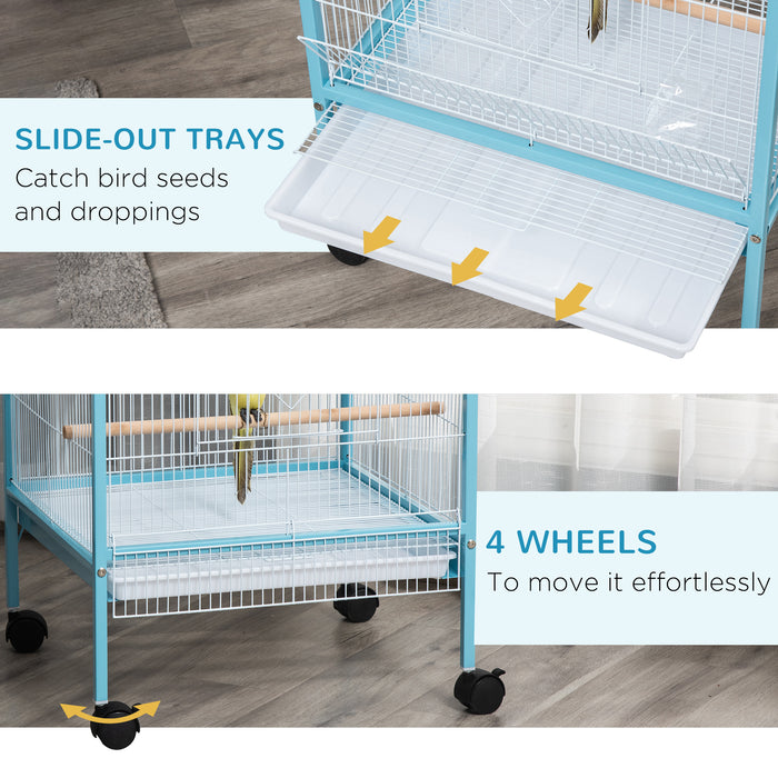 Large 2-in-1 Aviary Bird Cage with Wheels - Ideal for Finches, Canaries, Budgies - Includes Slide-out Trays, Wood Perch, and Food Containers