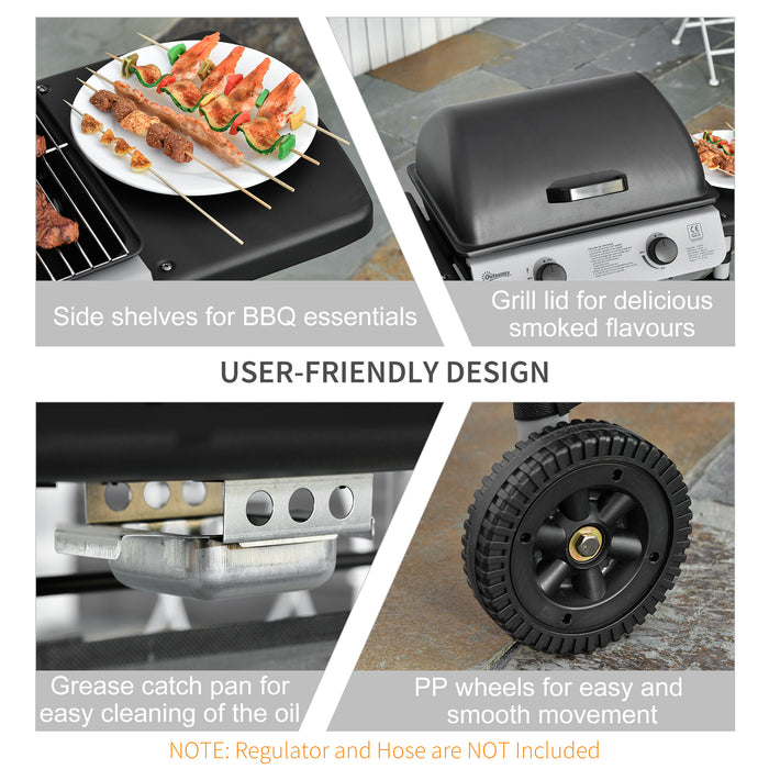 Propane Gas BBQ Grill with 2 Burners - 5.6 kW Outdoor Barbecue with Side Shelves and Wheels - Ideal for Patio Cooking and Tailgating Events