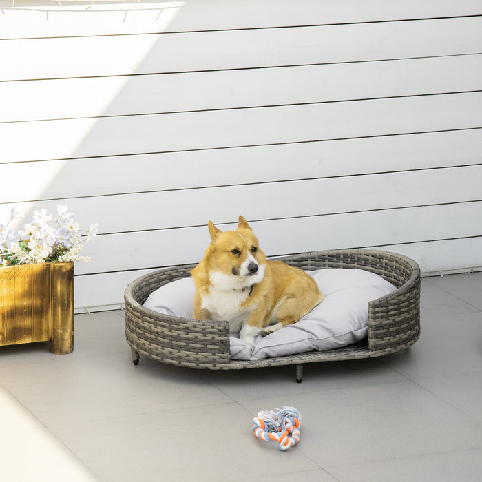 Elevated Canine Couch - Hand-Woven Wicker Pet Sofa with Soft Cushion and Washable Cover in Grey - Ideal for Medium Dogs and Cats