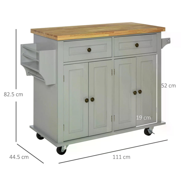 Kitchen Storage Cart on Wheels - Rubber Wood Top Island Trolley with Drawers - Space-Saving Organizer for Dining Room, Grey