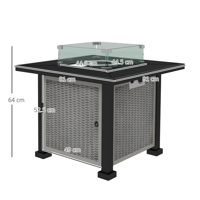 Rattan Gas Fire Pit Table with Glass Screen - 50,000 BTU Square Smokeless Outdoor Fire Pit with Beads & Lid - Perfect for Patio Ambiance and Entertainment, 81x81x64 cm, Grey