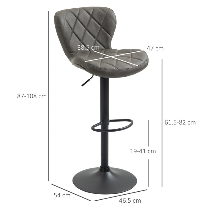 Adjustable Swivel Barstools Set of 2 - Dark Grey PU with Diamond Pattern, Backrest & Footrest, Steel Frame - Ideal for Kitchen Dining & Entertaining