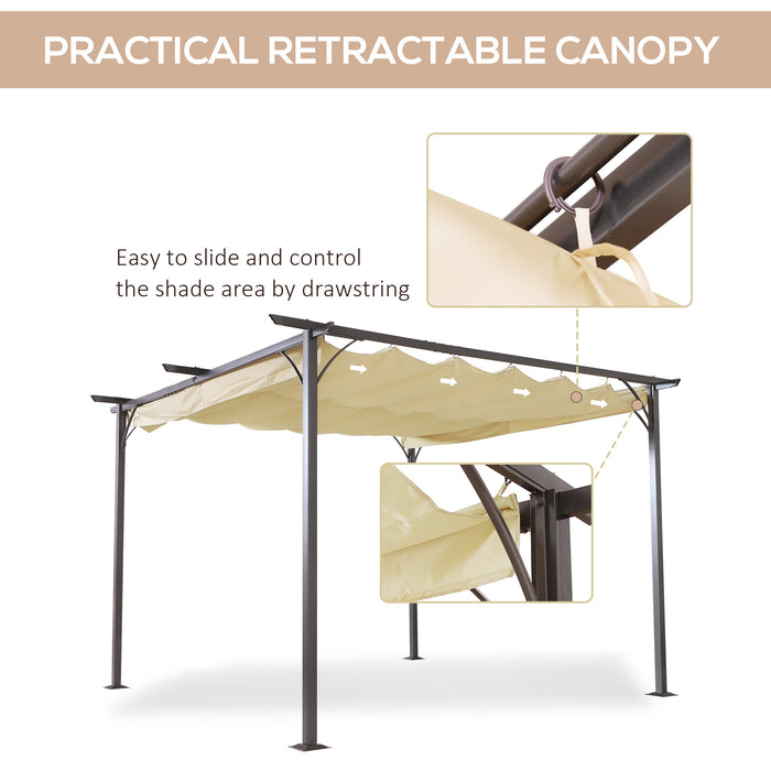 3.5M x 3.5M Beige Metal Pergola with Retractable Canopy - Outdoor Garden Sunshade Shelter, Gazebo Awning - Ideal for Marquee Party, BBQ, and Weather Protection