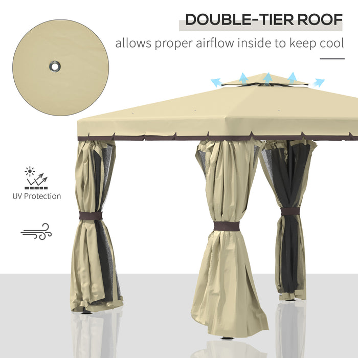 Aluminium Frame Garden Gazebo Pavilion - 3x3m Water-Resistant Double-Tier Roof with Mosquito Netting and Curtains in Beige - Ideal Outdoor Shelter for Events and Relaxation