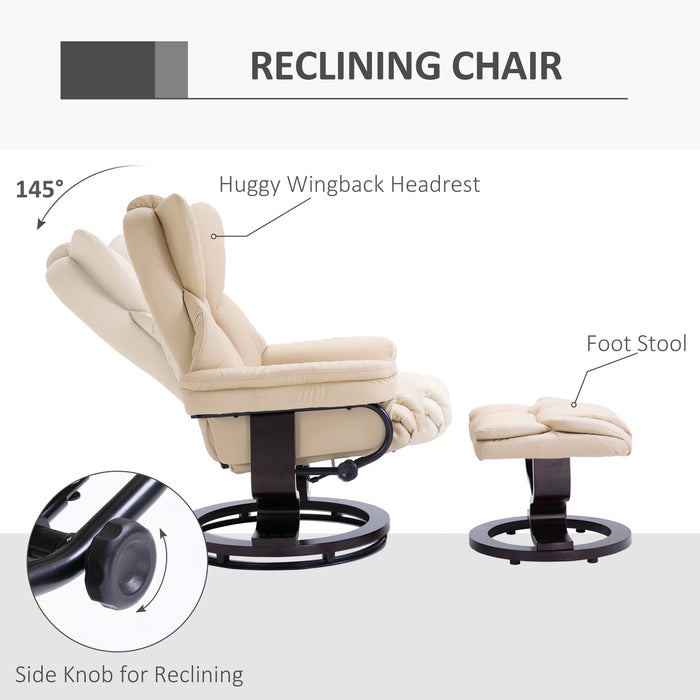 Reclining Swivel Armchair with Footstool - Padded PU Leather Duo, Manual Tilt & 360° Rotation, Cream - Comfortable Sitting Solution for Relaxation & Lounging