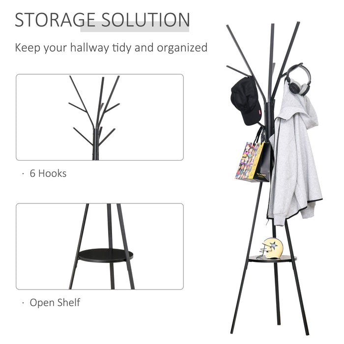 Free Standing 180cm Metal Coat Rack with 9 Hooks - Clothes, Hat, Bag, and Umbrella Stand with Shelf - Organizational Hall Tree for Entryway, Office or Bedroom