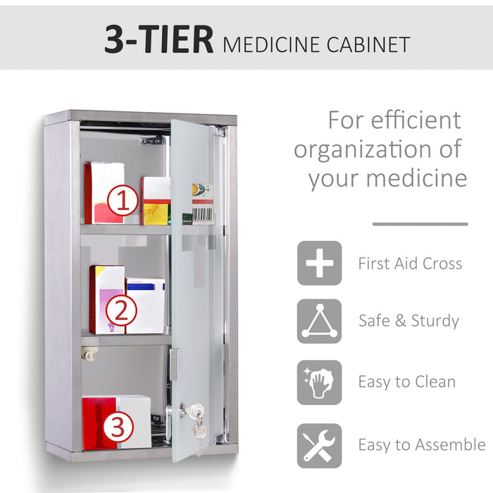 Stainless Steel Medicine Cabinet - Wall-Mounted, 2 Shelves, Security Glass Door, Lockable - Ideal for Safe Medication Storage, 48cm Height