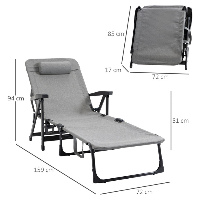 Mesh Fabric Chaise Lounge Chair with 7 Reclining Positions - Folding Sun Lounger with Pillow & Cup Holder, Light Grey - Ideal for Poolside Comfort and Relaxation