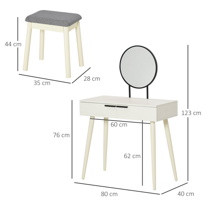 Vanity Table Set with Round Mirror - Elegant Makeup Desk with Cushioned Stool & 2 Jewelry Storage Drawers - Ideal for Bedroom Glamour Station