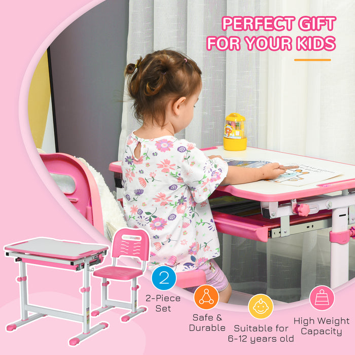 Student Adjustable Writing Desk and Chair Combo - Features Drawer, Pen Slot, and Hook Storage - Ideal for Kids' Homework and Art Projects