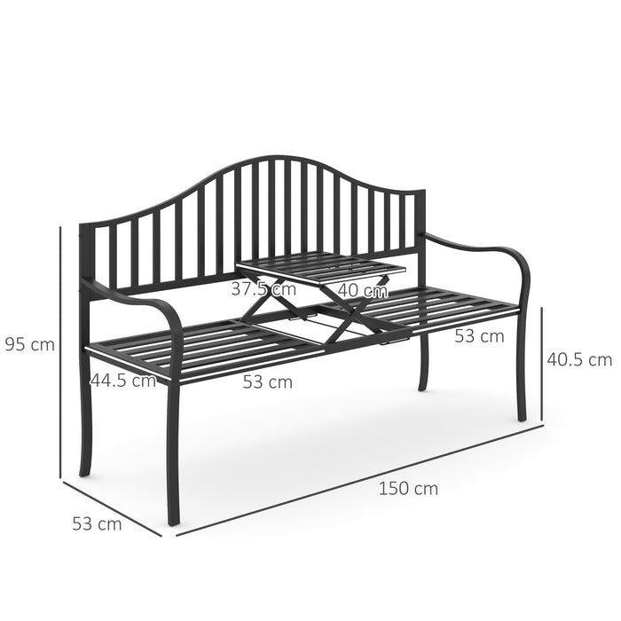 Outdoor Patio Bench with Folding Center Table - Metal Frame Garden Seating - Versatile Furniture for Parks and Home Gardens