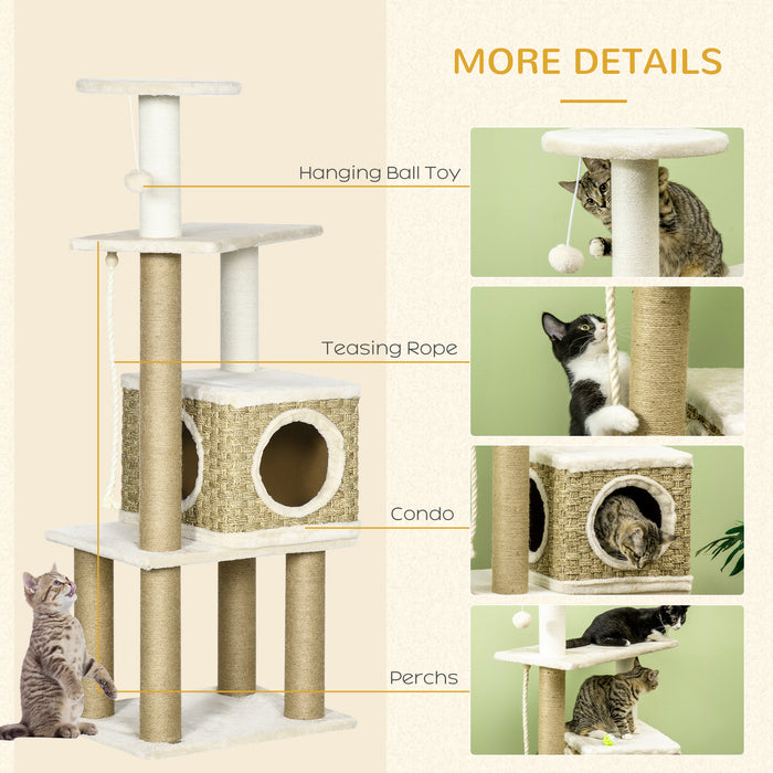 Cat Tower Activity Center - Sturdy Jute Scratching Post, Cozy Condo & Playful Hanging Ball Toy - Ideal for Indoor Cats and Kittens Entertainment