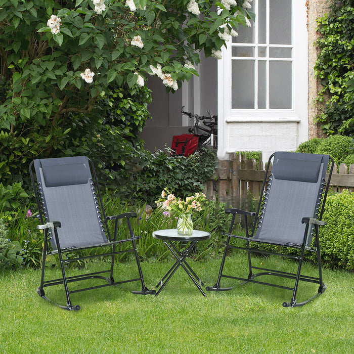 Outdoor Rocking Bistro Set - 3-Piece Patio Ensemble with 2 Folding Chairs & Tempered Glass Table - Ideal for Garden and Deck Relaxation in Grey