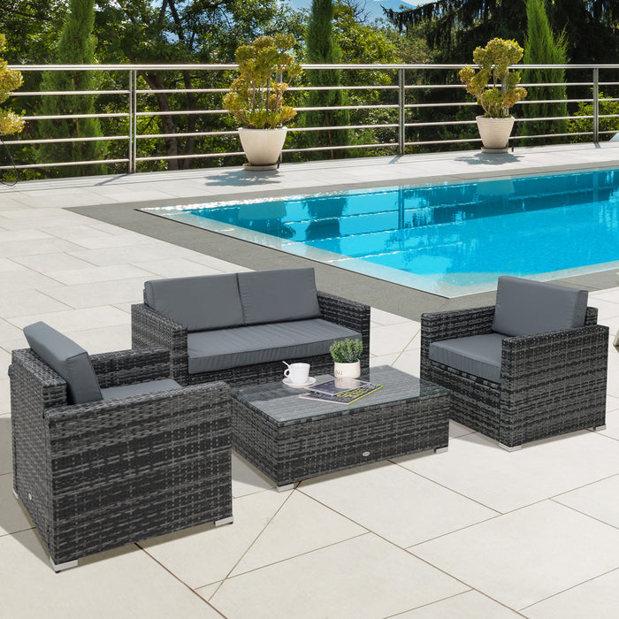 Outdoor Rattan Sofa Set - 4-Piece Wicker Furniture with Steel Frame for Patio and Garden - Comfortable Grey Seating Area for Entertaining and Relaxation