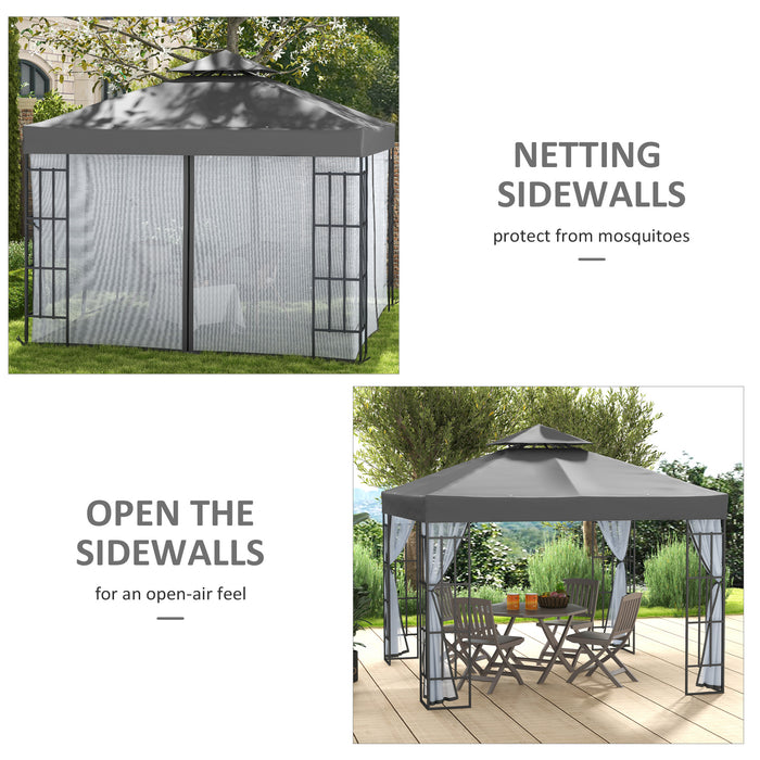 Patio Gazebo Canopy 3x3m with 2-Tier Roof - Outdoor Garden Pavilion Tent Shelter & Mosquito Netting, Steel Frame - Ideal for Backyard Relaxation and Entertaining, Grey