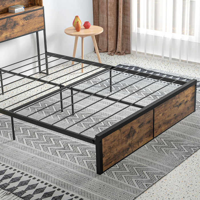 Industrial King Bed Frame - 5.2FT Sturdy Steel Construction with Headboard and Footboard - Rustic Brown with Ample Under-Bed Storage Space for Bedroom Organization