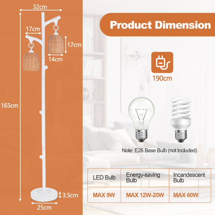 Farmhouse Dimmable Floor Lamp - 2 Light, Rattan Style, Foot Switch, White - Perfect for Stylish & Rustic Home Lighting Solutions