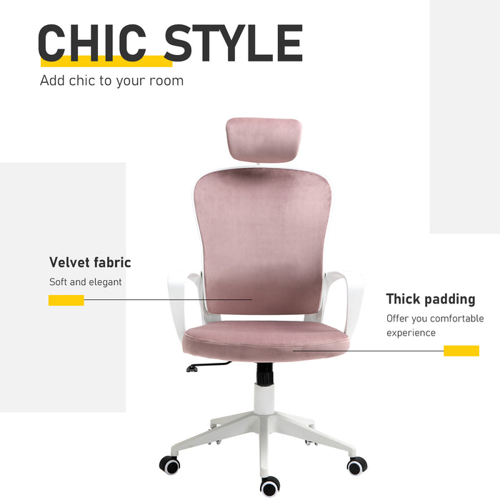 Ergonomic Velvet High-Back Chair with Rocking Feature - Home Office Computer Desk Chair with Wheels & Adjustable Headrest - Comfortable Seating for Long Working Hours, Pink