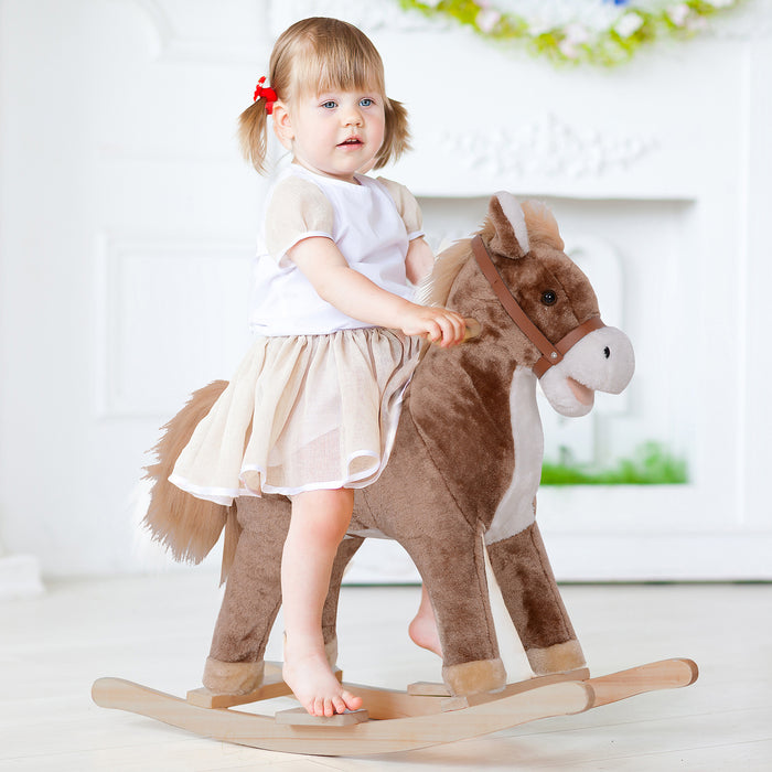 Plush Brown & White Rocking Horse for Kids - Soft Toy Ride with Sturdy Wood Base - Classic Children’s Nursery Decor and Playroom Entertainment