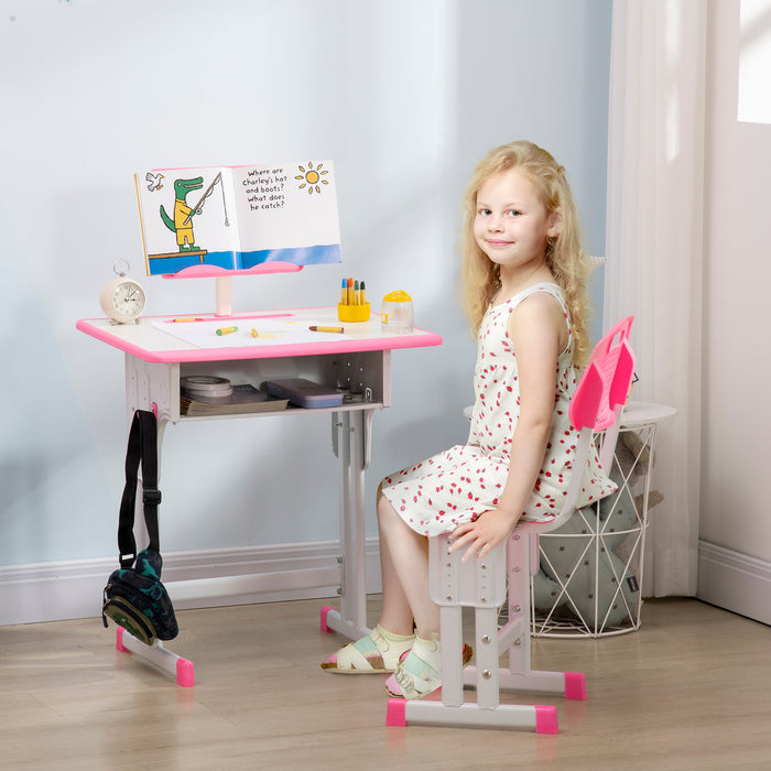 Kids Study Desk and Chair Combo - Adjustable Height, Storage Drawer, Book Stand, Cup Holder, Pen Holder - Ideal for Homework and Art Projects