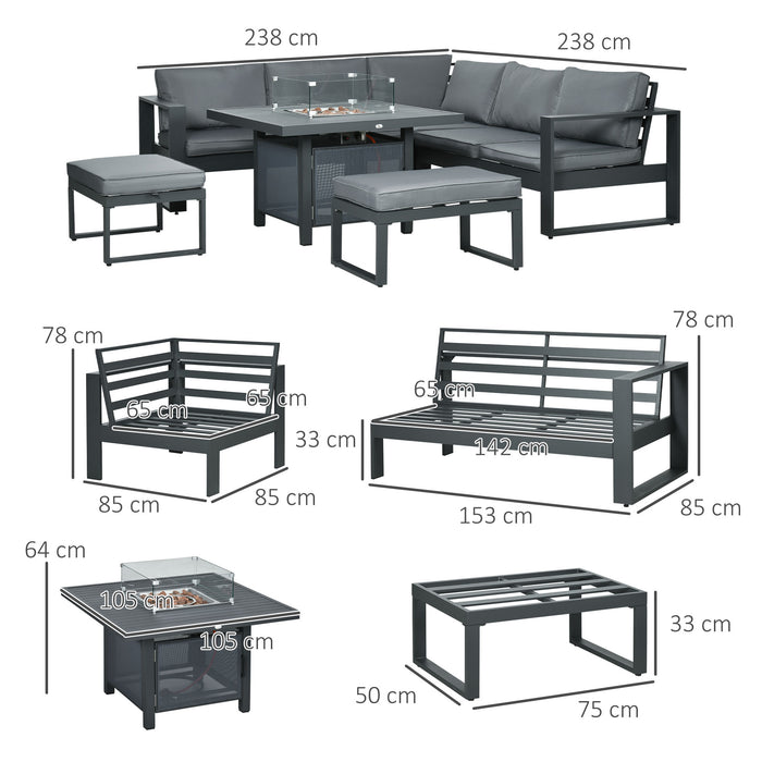 6-Piece Aluminum Garden Lounge Set - Outdoor Corner Sofa, Loveseat & Footstool with Gas Fire Pit Table - Cozy Yard & Patio Furniture Arrangement in Grey