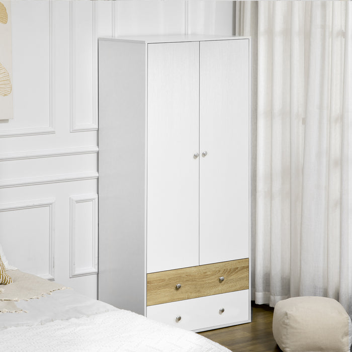 Spacious 2-Door White Wardrobe - Integrated Drawers & Hanging Rod for Clothing - Ideal Bedroom Storage Solution for Clothes Organization