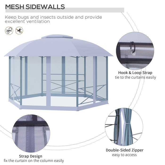 Hexagon Metal Gazebo Canopy 4x4.7m - Outdoor Patio Shelter with 2-Tier Roof and Netting, Steel Frame in Grey - Elegant Sun Shade for Garden Spaces