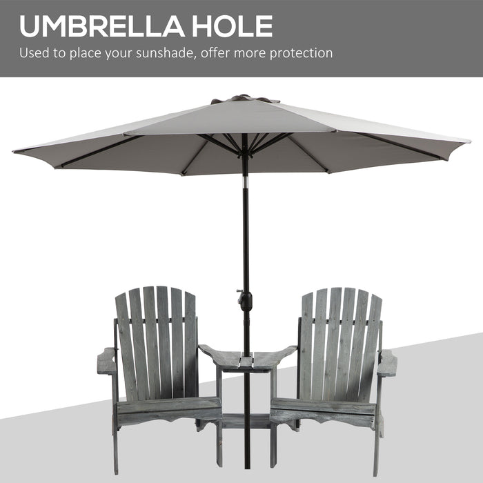 Double Adirondack Wooden Loveseat with Center Table - Outdoor Patio Furniture with Umbrella Hole, Grey - Ideal for Garden Lounging and Relaxation