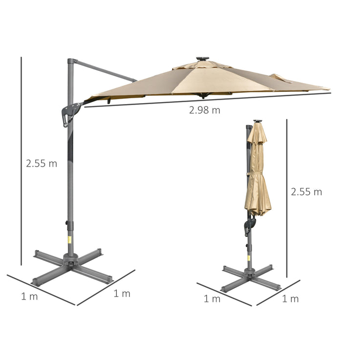 3M Square Rotating Sun Umbrella with LED - Adjustable Outdoor Garden Parasol with Solar Lighting - Ideal for Patio, Deck, and Entertainment Areas