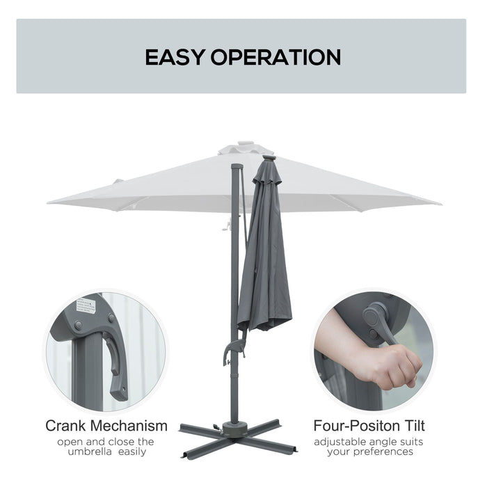 Outdoor Patio Sun Umbrella - 3m Grey Canopy with Crank, Tilt, LED Solar Lighting & Cross Base - 360° Rotation for Backyard Comfort and Entertaining