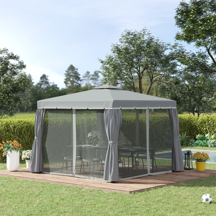 3x3m Patio Gazebo - Water-Repellent Double Tiered Roof Marquee with Mosquito Netting and Curtains in Dark Grey - Outdoor Shelter for Garden Events and Gatherings