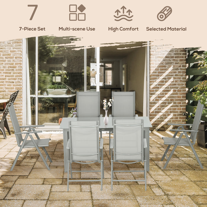 7 Piece Garden Dining Set - Aluminium Outdoor Table with Tempered Glass Top & 6 Foldable, Reclining Texteline Chairs - Perfect for Patio Entertainment and Relaxation