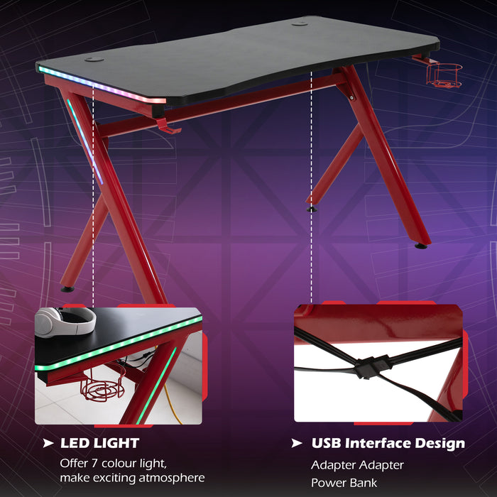 Gaming Desk with LED Lighting - Sturdy Metal Frame Computer Table with Cup Holder, Headphone Hook & Cable Management - Ideal for Gamers & Home Office Use