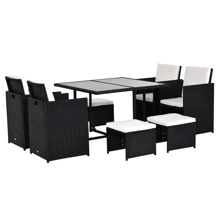 9PC Rattan Dining Set - Outdoor Weave Wicker Patio Table with 8 Stools, Black - Perfect for Garden Entertainment and Family Gatherings