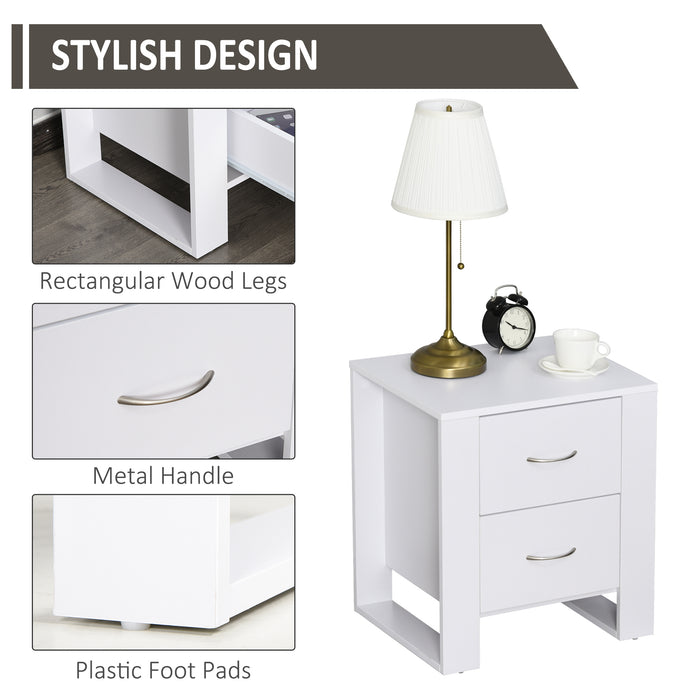 Modern 2-Drawer Bedside Table with Handles - Elevated Base, Melamine-Coated Nightstand for Bedroom Storage - Ideal for Organized Bedtime Essentials, White