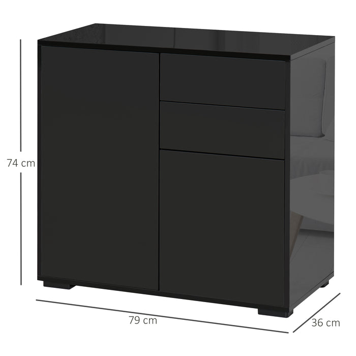 High Gloss Black Sideboard with Push-Open Mechanism - Modern 2-Drawer Side Cabinet for Storage - Elegant Furniture for Living Room and Bedroom