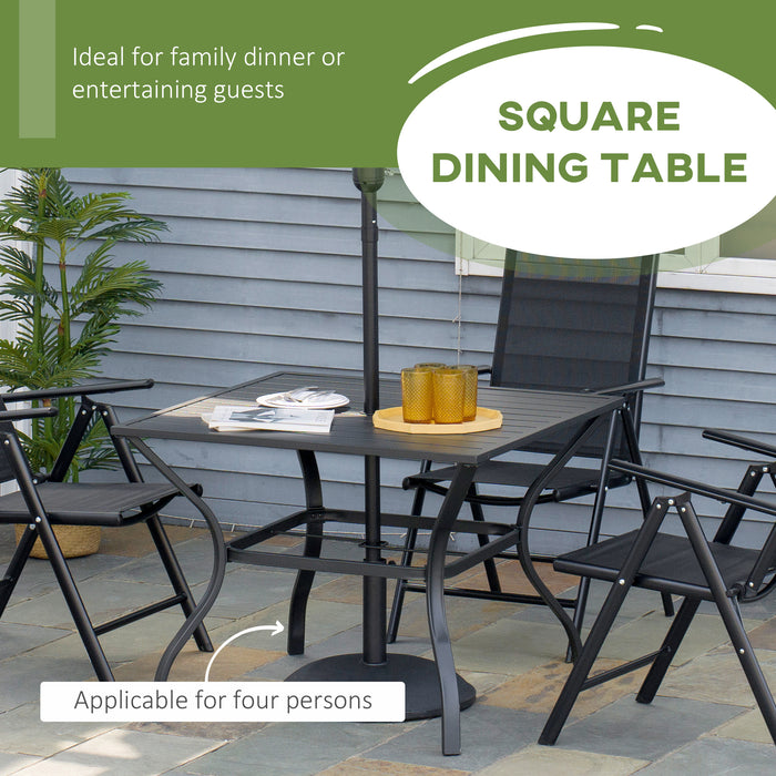 Outdoor Square Patio Dining Table with Parasol Hole - Durable Slatted Metal Plate Top for Four - Ideal for Garden and Backyard Entertaining