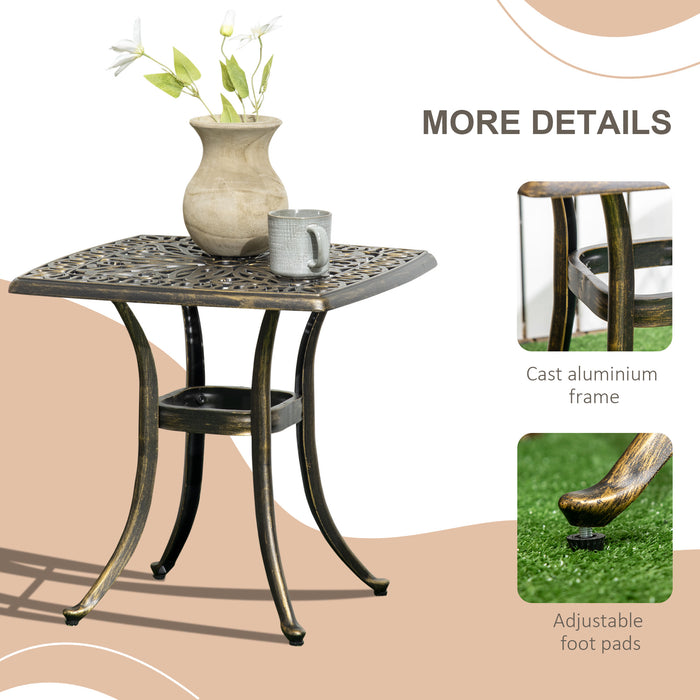 Cast Aluminium Patio Coffee Table - 54cm Square Outdoor Side Table with Umbrella Hole - Elegant Bronze Finish, Perfect for Patios & Gardens