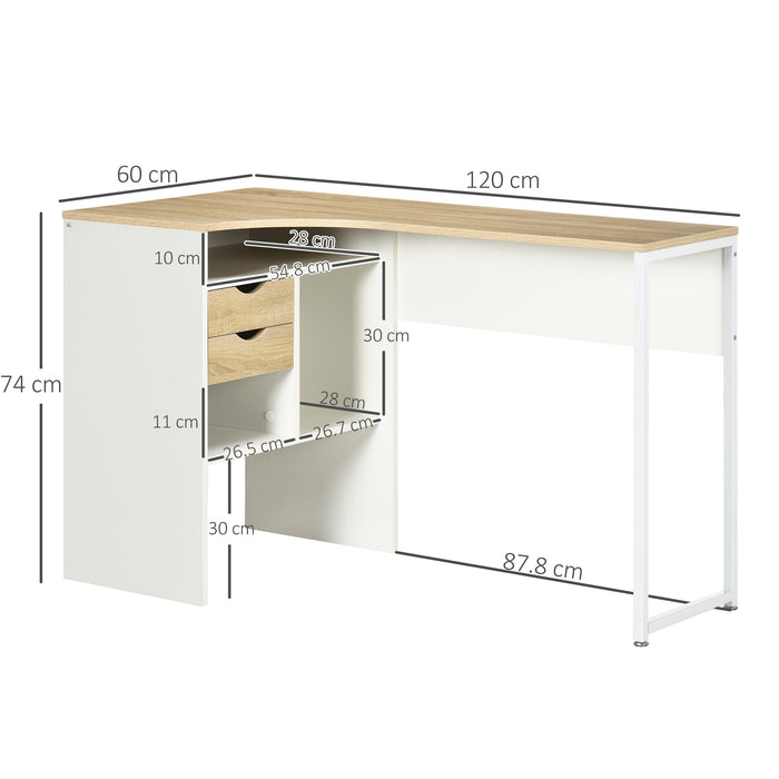 L-Shaped Corner Desk with Storage - Computer Study Table with Smooth Slide Drawer & Shelf - Ideal for Home Office and Space Saving in Light Brown