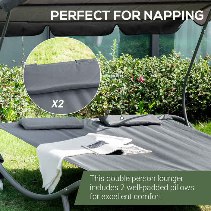 Outdoor Double Hammock Bed with Canopy - Durable Sun Lounger with Wheels & 2 Pillows, Grey - Ideal for Patio Relaxation and Comfort